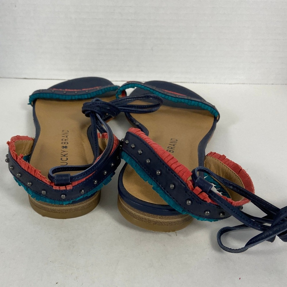 Lucky Brand Toree Navy Blue Leather Fringe Studded Lace Ankle Sandals 6M Flats - Picture 4 of 5